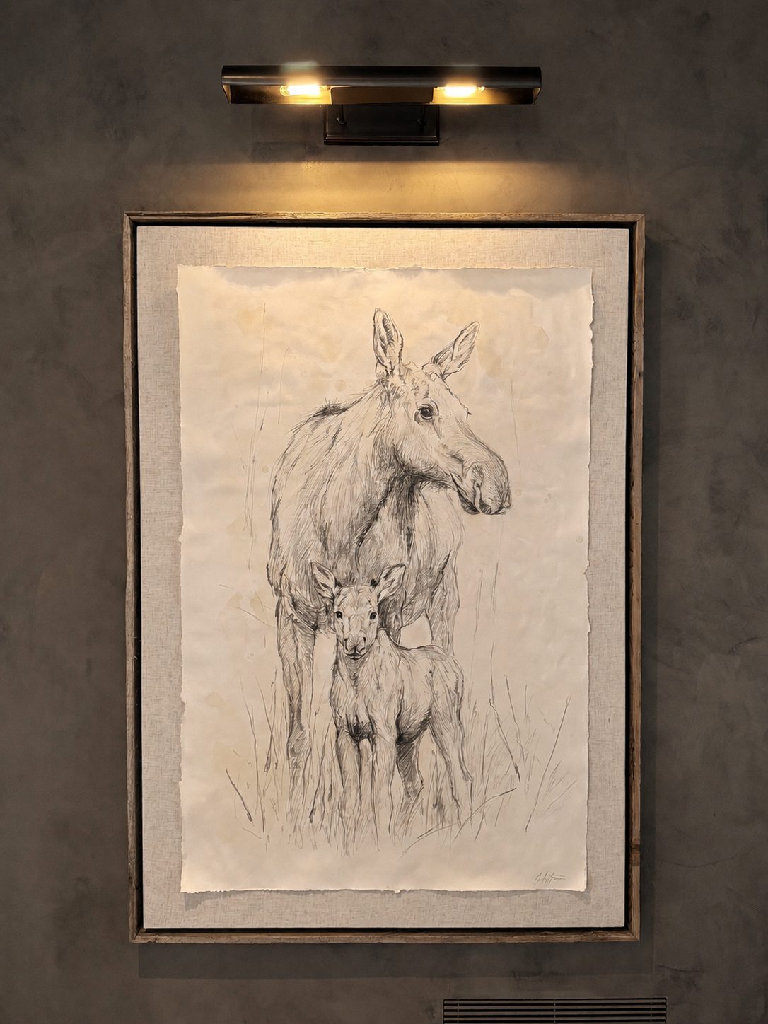Large charcoal drawing of a moose and her calf on deckled-edge paper, floated in a dark frame under a picture light